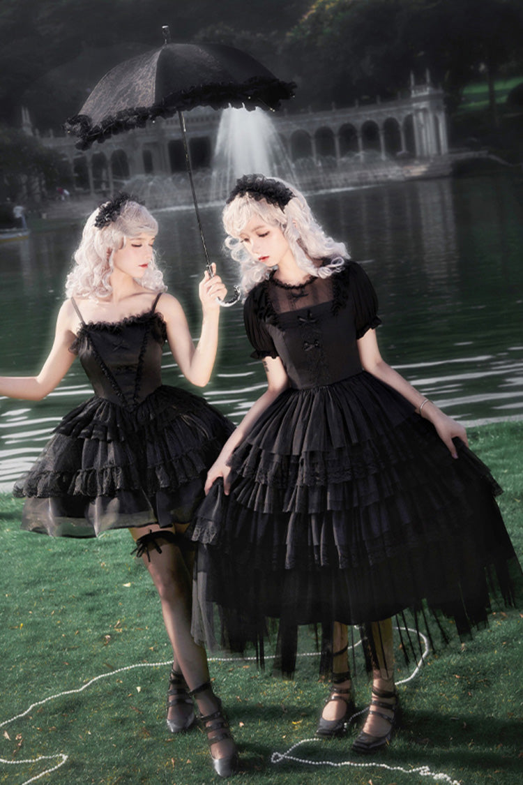 Black Twin Ivory Towers Short Sleeves Five-Layered Ruffle Gothic Lolita Dress - Product - 10