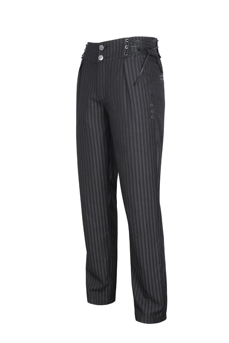 Black High Waisted Lace-Up Striped Men's Gothic Pants - Product - 7