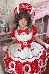 [A Day as a Candy Shop Owner] Peter Pan Collar Short Sleeves Printed Bow Sweet Lolita Dress 3 Colors (Red, Blue, Pink) - Product - 31
