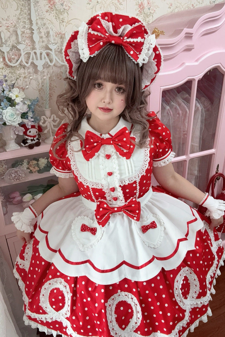 [A Day as a Candy Shop Owner] Peter Pan Collar Short Sleeves Printed Bow Sweet Lolita Dress 3 Colors (Red, Blue, Pink) - Product - 31