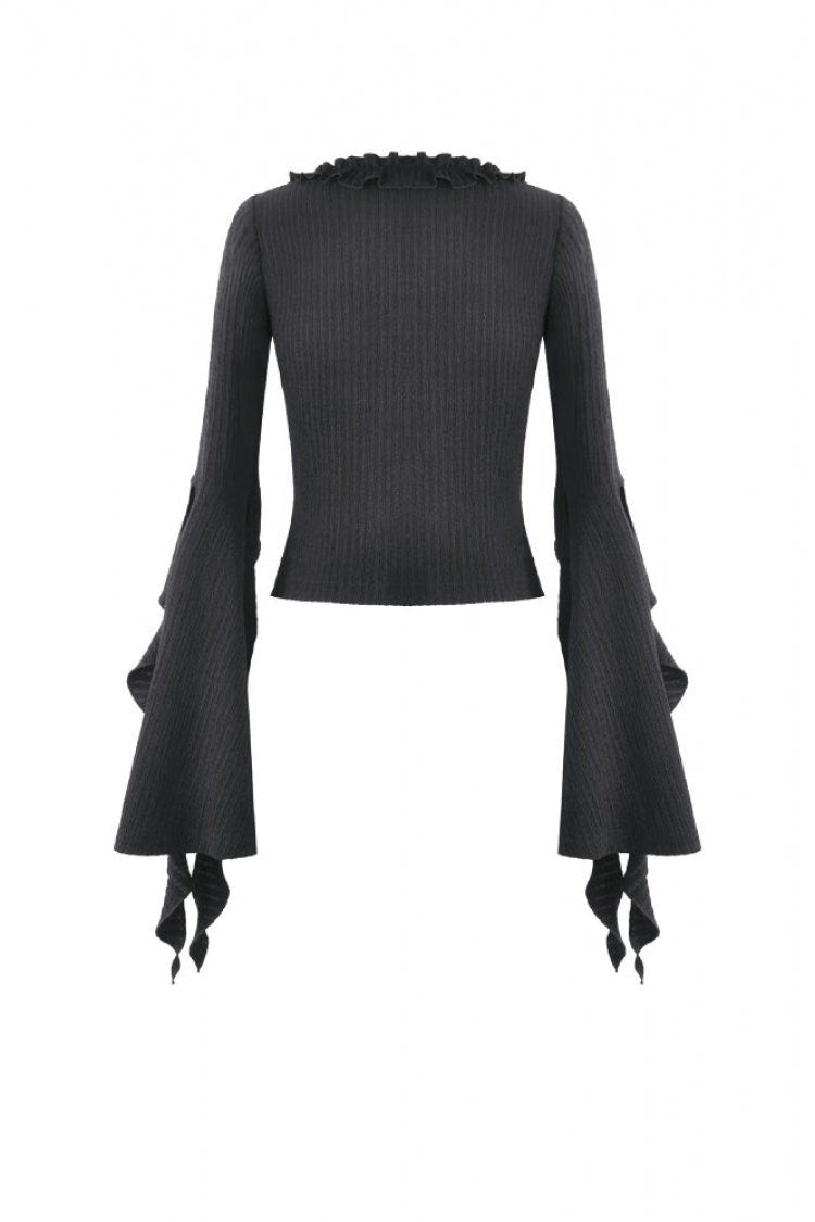 Black Cross Ruffled V Collar Irregular Split Long Trumpet Sleeves Women's Gothic Crop Top with Streamer - Product - 15