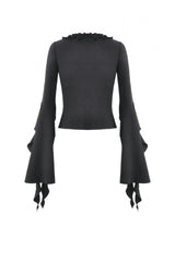 Black Cross Ruffled V Collar Irregular Split Long Trumpet Sleeves Women's Gothic Crop Top with Streamer - Product - 15