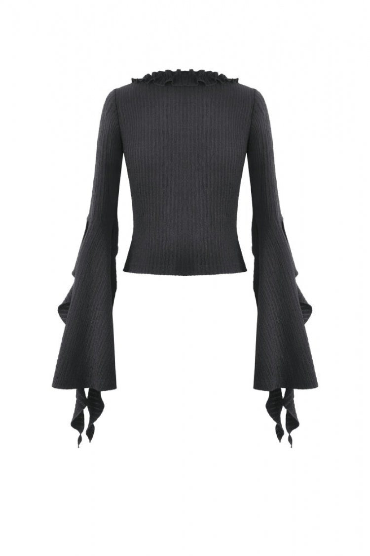 Black Cross Ruffled V Collar Irregular Split Long Trumpet Sleeves Women's Gothic Crop Top with Streamer - Product - 15