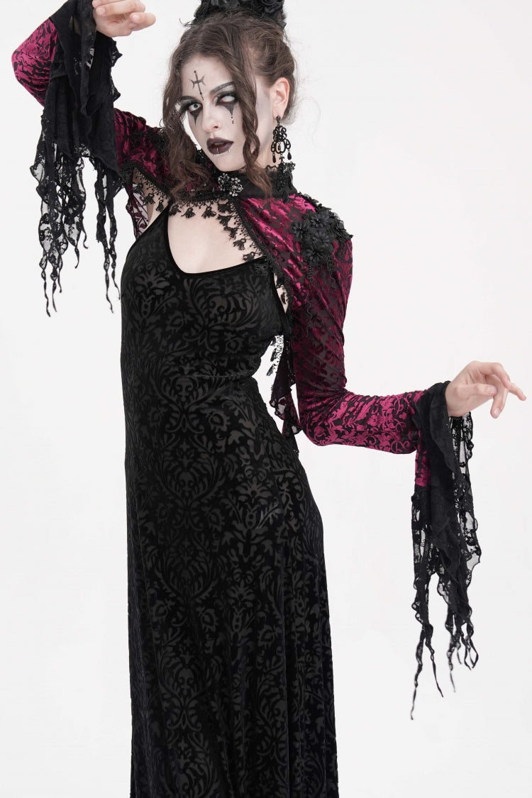 Black/Purple Stand Collar Long Sleeves Lace Tassels Women's Gothic Cape - Product - 3