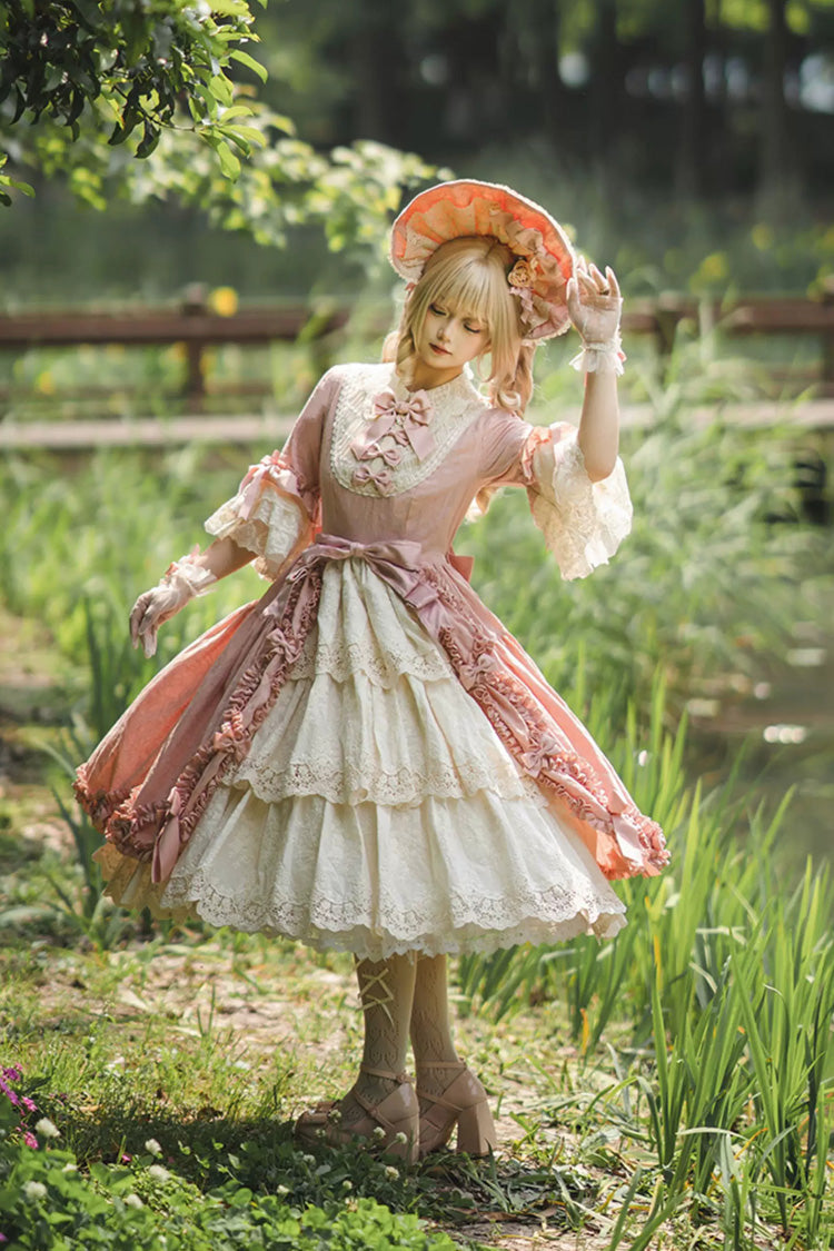 Pink [Lilica Garden] Lapel Collar Short Trumpet Sleeves Ruffled Open-Front Bow Lace Sweet Elegant Luxurious Lolita Dress - Product - 5