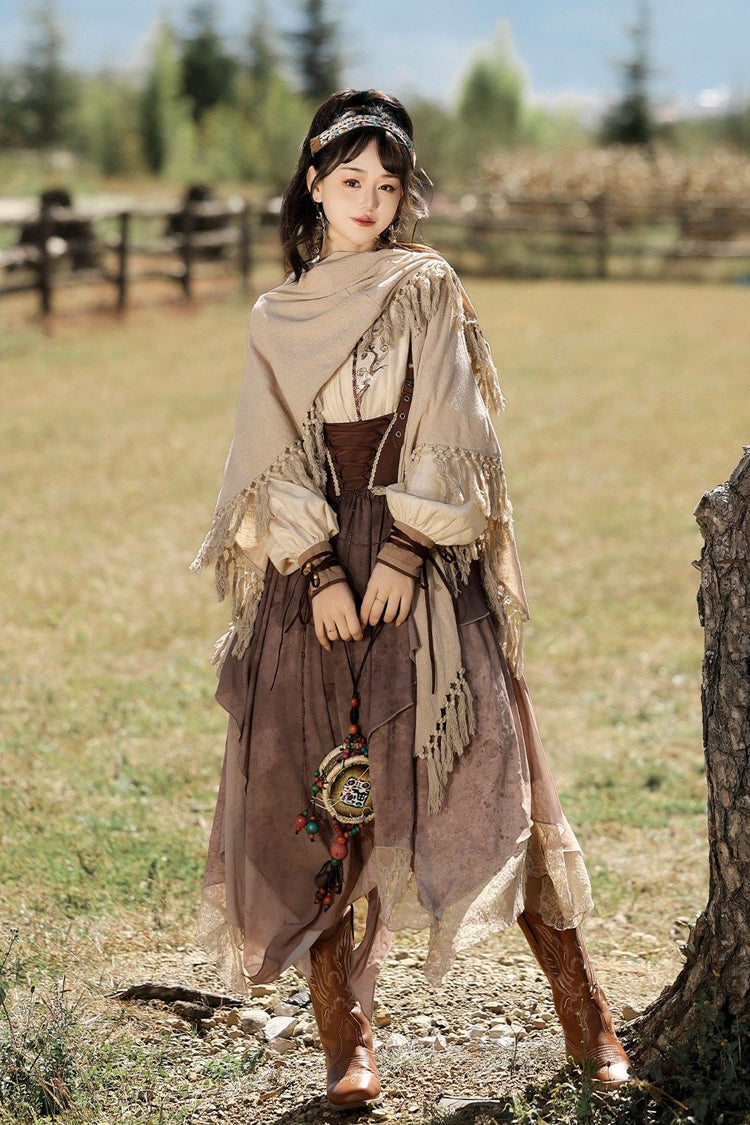 Brown Round Collar High Waisted Irregular Women's Handsome Lolita Jsk Dress Set - Product - 2