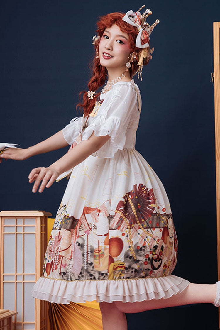 White Demon Mask Print Bowknot High Waisted Sling Sweet Lolita Dress - Product - 2