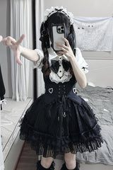 Black/White [Dream Night Song] Short Sleeves Stripe Print Bowknot Lace Gothic Jirai Kei Dress - Product - 4