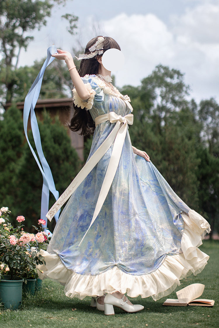 Blue [Oil Painting Sun and Moon Poem] Short Sleeves Print Ruffle Bowknot Sweet Princess Lolita Dress - Product - 9