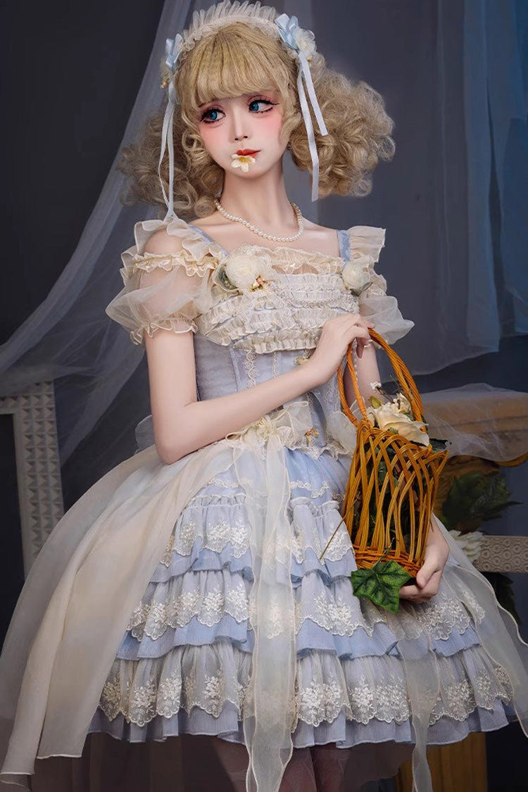 Sweet Triple-Layered Ruffle Bowknot Lace Princess Ballet Lolita Tiered Dress 2 Colors - Blue - 1