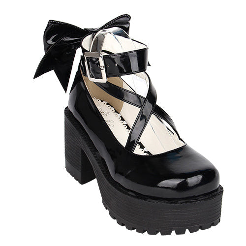 Black Patent Leather Cute Bowknot Lolita Round-toe High Heel Shoes - Product - 3