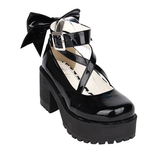 Black Patent Leather Cute Bowknot Lolita Round-toe High Heel Shoes - Product - 3