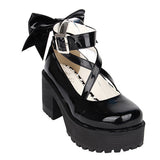 Black Patent Leather Cute Bowknot Lolita Round-toe High Heel Shoes - Product - 3