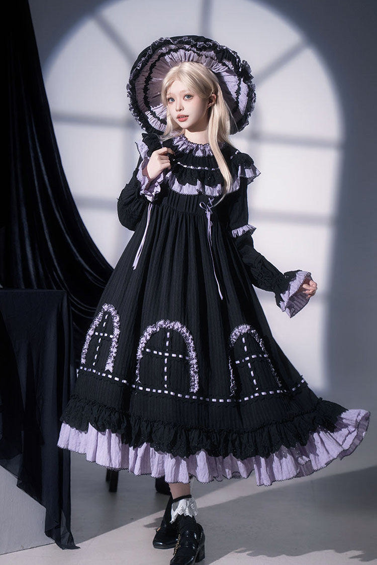 Black [Twin Lilian] Round Collar Long Sleeves Double-Layered Ruffled Bow Lace-Up Gothic Lolita Dress - Product - 6