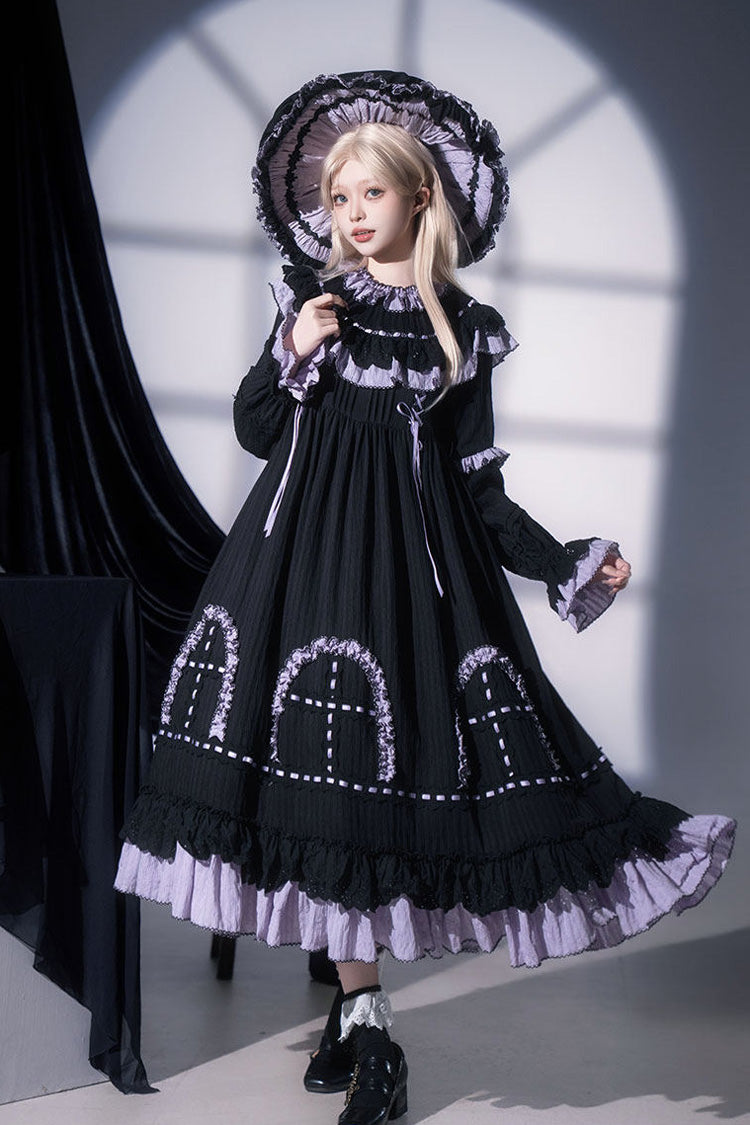 Black [Twin Lilian] Round Collar Long Sleeves Double-Layered Ruffled Bow Lace-Up Gothic Lolita Dress - Product - 6