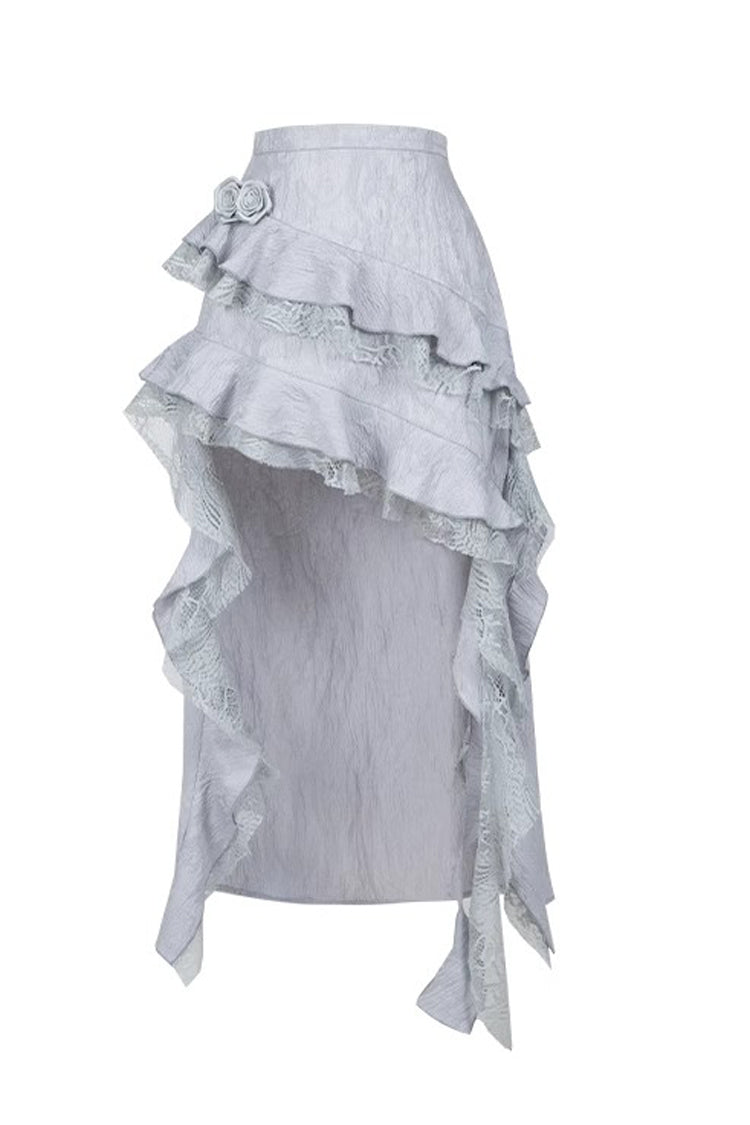 Silver Grey [Twilight] Ruffle Lace Irregular Gothic Witch Lolita Fishtail Skirt Set - Product - 6