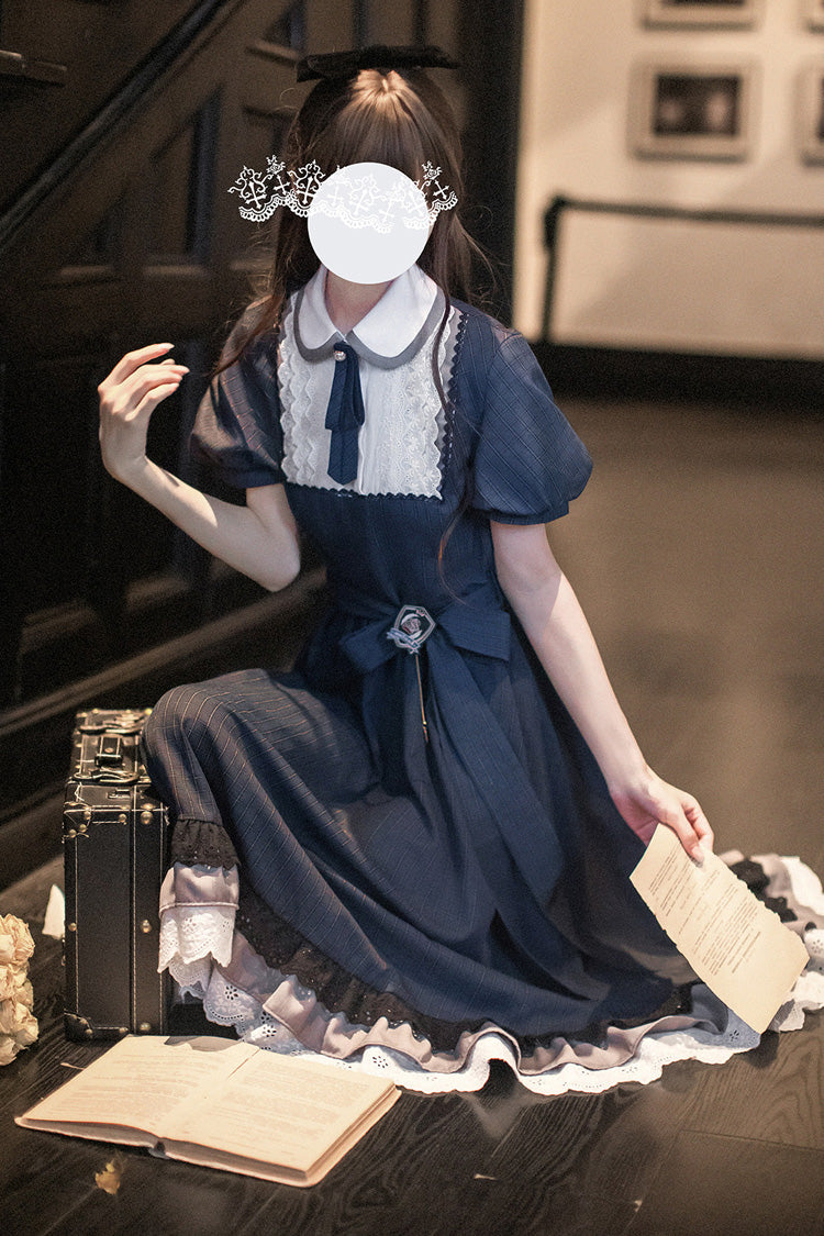 Blue [Phyllis] Lapel Collar Short Sleeves Printed Bow Classic Vintage Elegant Lolita Dress - Product - 2
