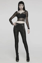 Black Square Collar Long Sleeves Transparent Lace-Up Womens Gothic T-Shirt - Product - 3