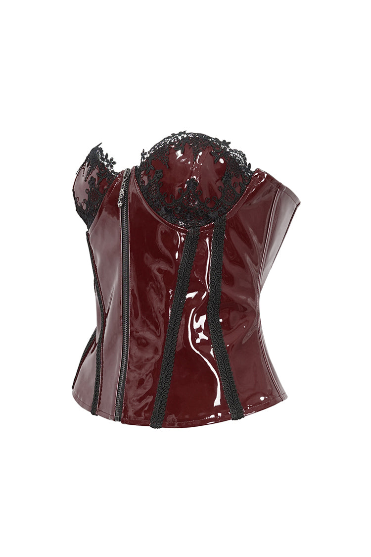 Red Lace Splice Patent Leather Women's Punk Overbust Corset - Product - 8