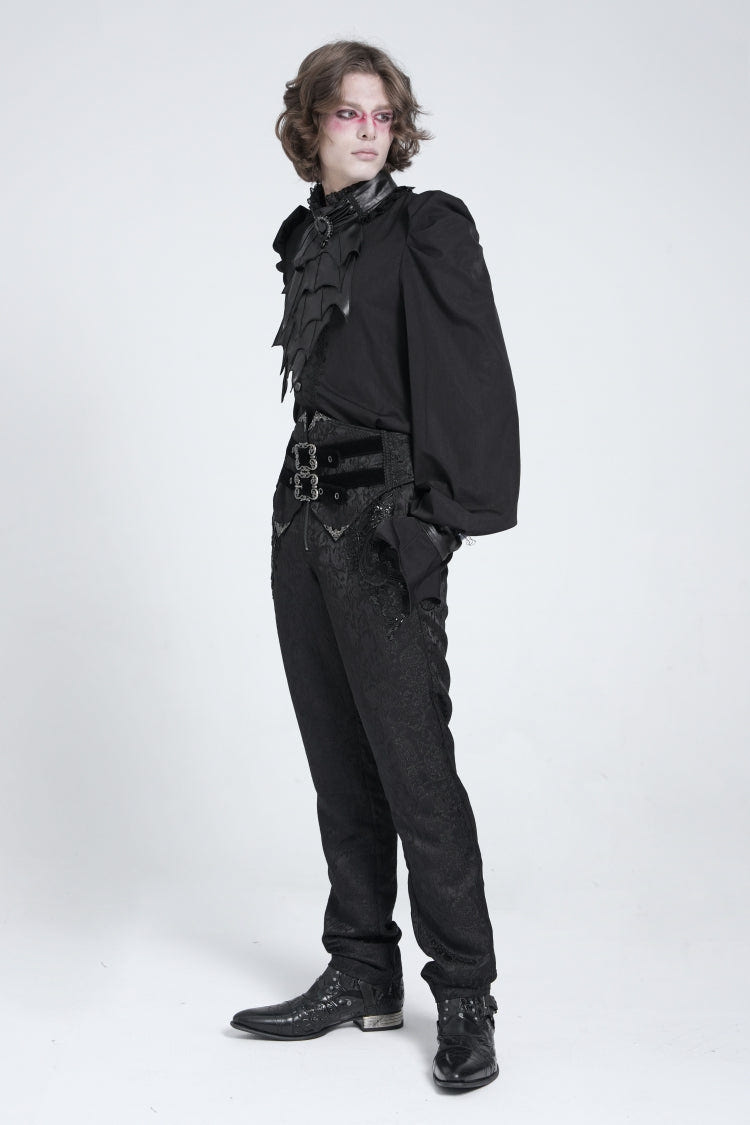 Black Double Buckles High Waisted Embroidery Men's Gothic Suit Pants - Product - 8