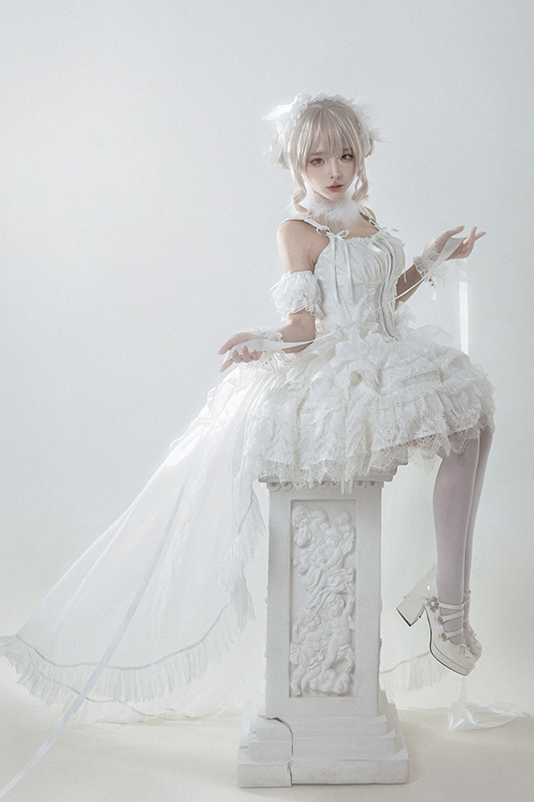 White [Rose Memoirs] Sleeveless Multi-Layered Bowknot Lace Sweet Lolita Skirt Set - Product - 2