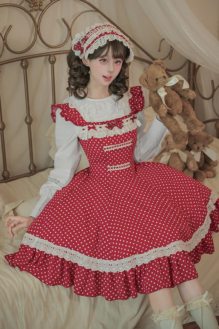 Red [Showa Memoir] Polka Dots Printed Ruffled Bow Sweet Lolita Dress - Product - 17