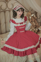 Red [Showa Memoir] Polka Dots Printed Ruffled Bow Sweet Lolita Dress - Product - 17