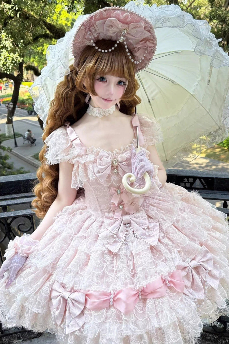 Pink [Cloudborne Snowfeather] Sleeveless Multi-Layered Hanayome Bowknot Pearl Gothic Lolita Jsk Dress - Product - 3