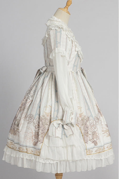 Round Collar Ruffled Long Sleeves Reunion World Print Classic Lolita OP Dress - Product - 6