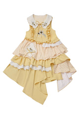 Yellow [Orange Diary] Multi-Layered Printed Embroidered Bow Lace Asymmetric Sweet Lolita Jumper Dress - Dress(Only) - 7