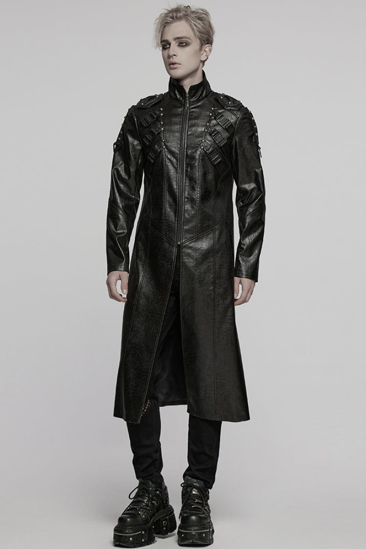 Black Stand Collar Long Sleeves Faux Leather Buckle Men's Punk Coat - Product - 4