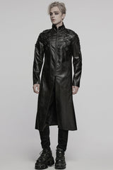 Black Stand Collar Long Sleeves Faux Leather Buckle Men's Punk Coat - Product - 4