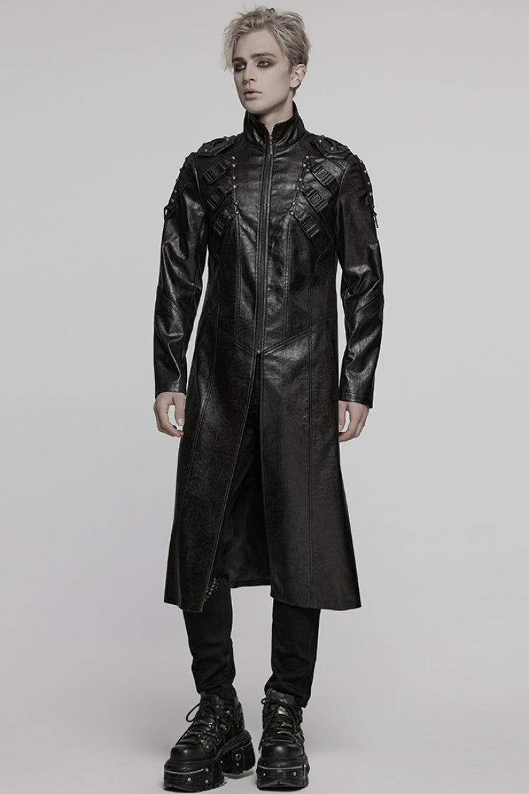 Black Stand Collar Long Sleeves Faux Leather Buckle Men's Punk Coat - Product - 4
