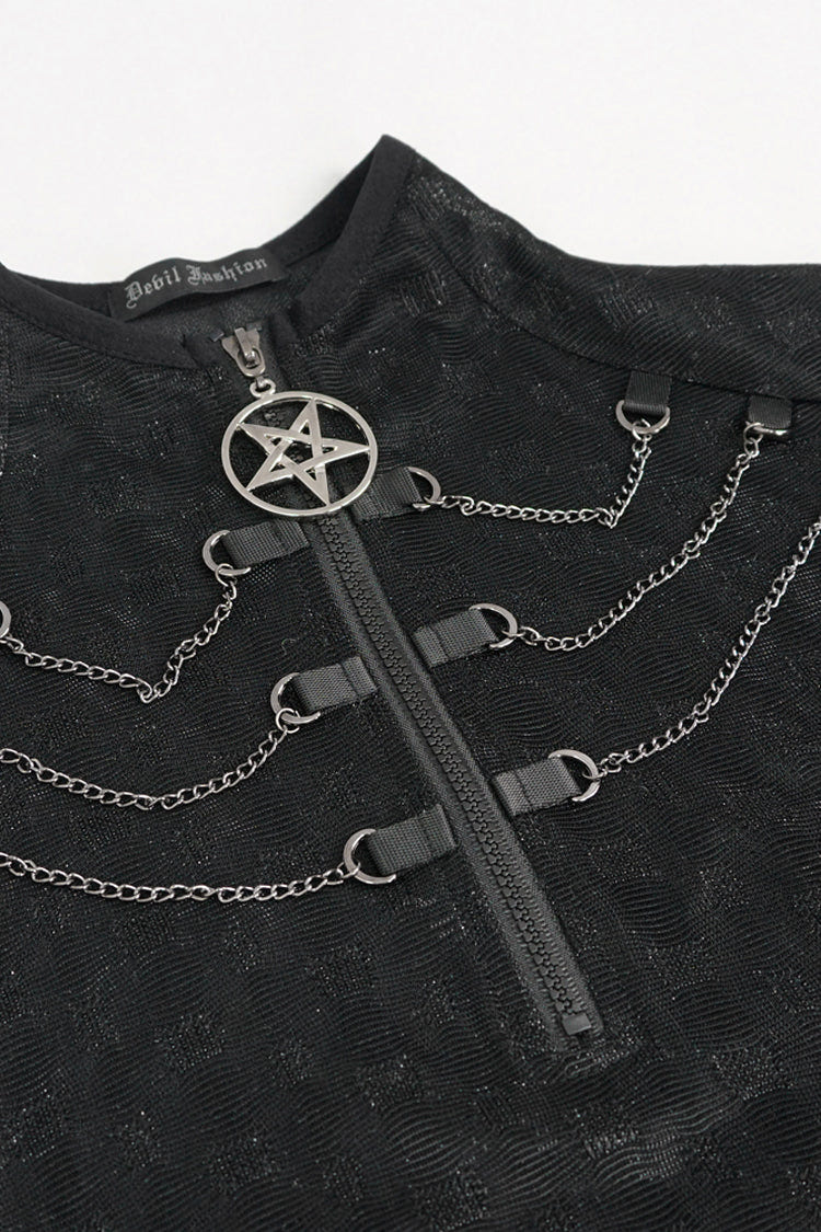 Black Mid-High Collar Front Neck Zipper Hanging Chain Mesh Fabric Long Sleeve Women's Punk T-Shirt - Product - 8