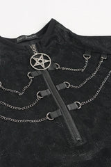 Black Mid-High Collar Front Neck Zipper Hanging Chain Mesh Fabric Long Sleeve Women's Punk T-Shirt - Product - 8