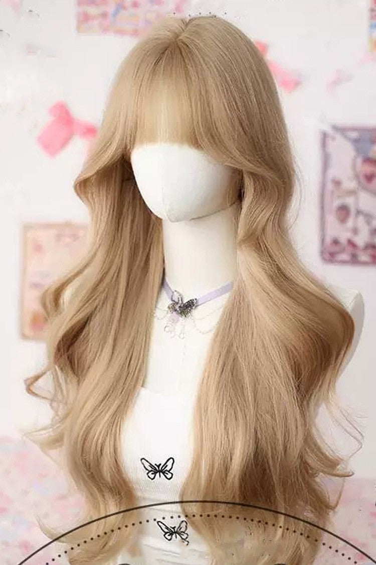 Flaxen Light Golden Straight Bangs Long Big Wave Sweet Lolita Wig - Product - 3