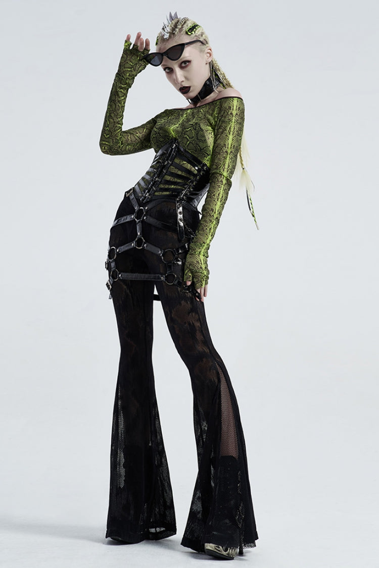 Black Python Print Mesh Women's Gothic Flared Pants - Product - 4