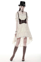 Beige Ruffled Off Shoulder Short Sleeves Ruched Women's Steampunk Vintage Gorgeous Graduation Dress - Product - 6