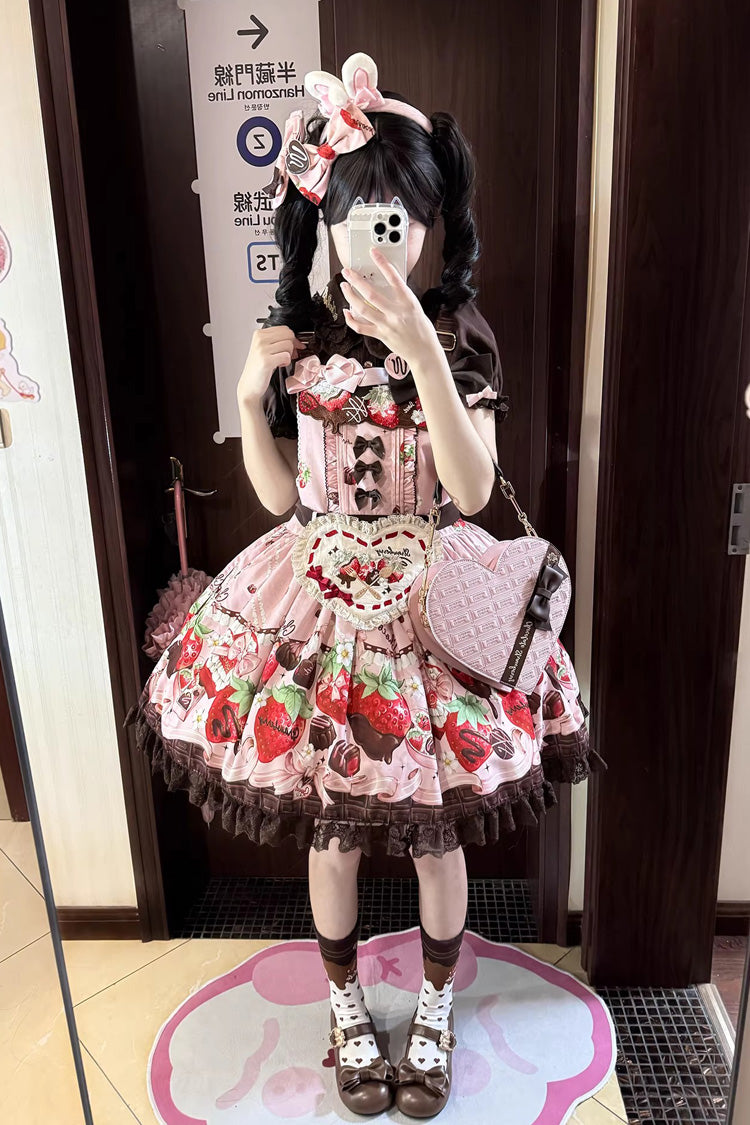 Pink [Strawberry Chocolate Lover] Sleeveless Printed Ruffled Embroidered Bow Lace Sweet Lolita Strap Dress - Product - 8