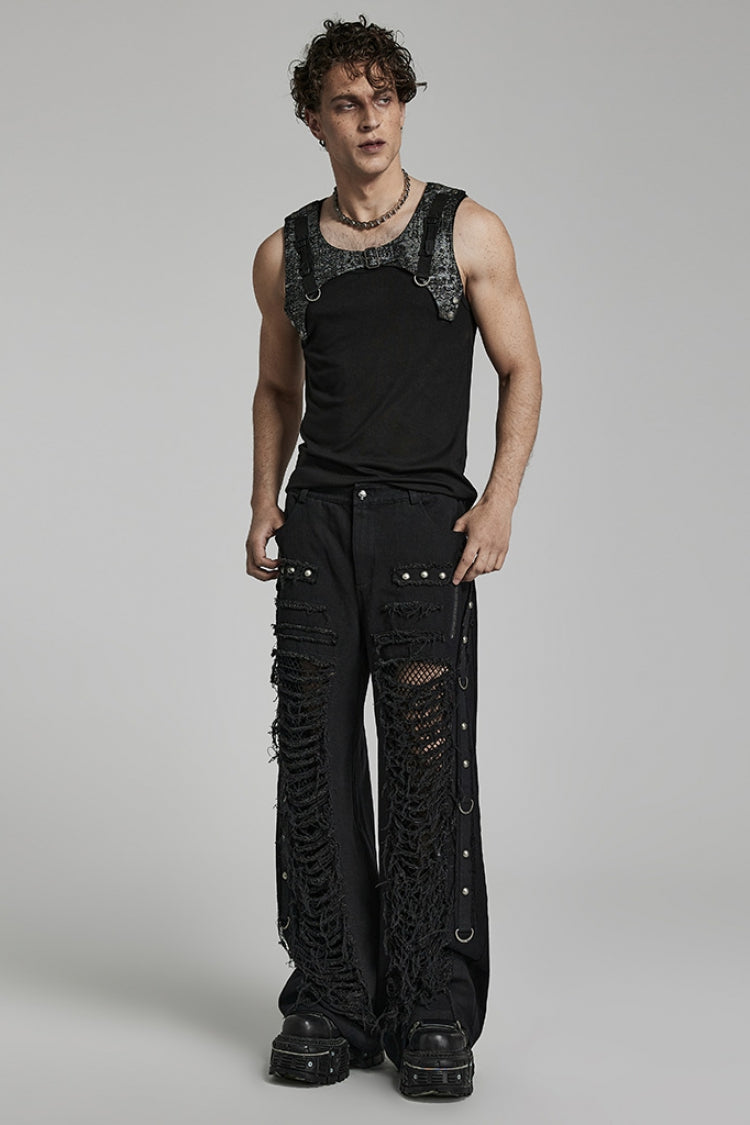 Metal Rivet Decoration Stitching Mesh Ripped Men's Steampunk Straight Pants 2 Colors - Product - 4