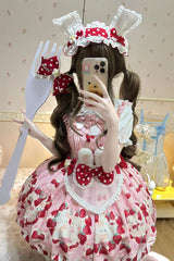 [Cream Rabbit Strawberry] Print Sleeveless Bowknot Sweet Lolita Jsk Dress 2 Colors - Product - 5