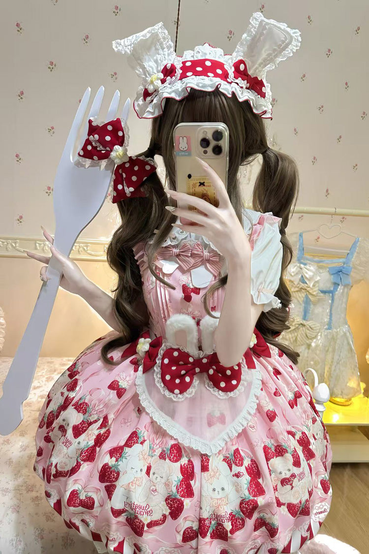 [Cream Rabbit Strawberry] Print Sleeveless Bowknot Sweet Lolita Jsk Dress 2 Colors - Product - 5