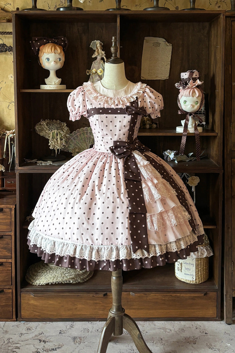 Pink [Canelé Gift Box] Round Collar Short Sleeves Double-Layered Printed Polka Dot Ruffled Open-Front Bow Asymmetric Sweet Lolita Dress - Product - 3