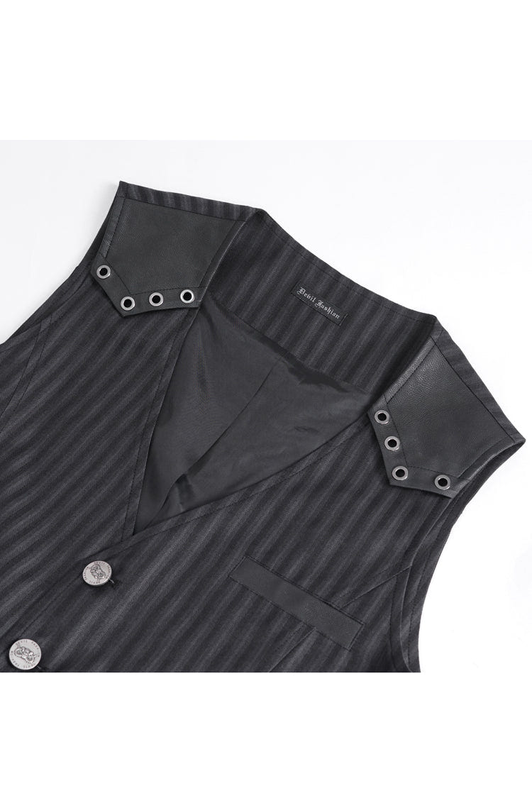 Black Striped V Collar Stitching Slim Men's Gothic Vest - Product - 7