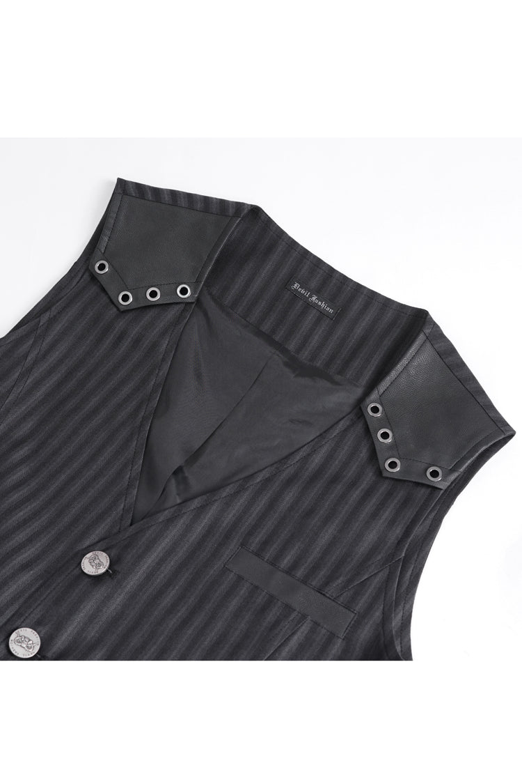 Black Striped V Collar Stitching Slim Men's Gothic Vest - Product - 7