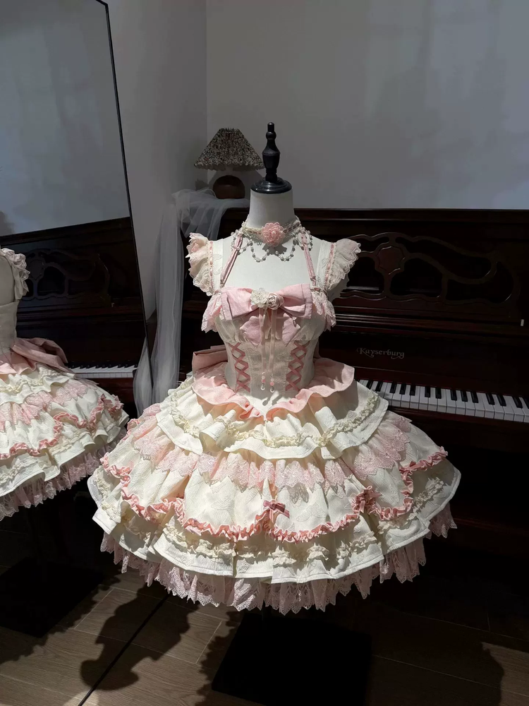 Light Blue and Pink Ruffled Sweet Lolita Dress with Floral Bow Accent - view 7