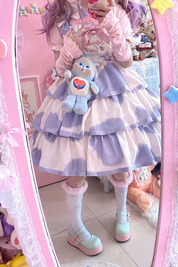 Blue Sleeveless Triple-Layered Cow Print Ruffle Bowknot Sweet Lolita Jsk Dress - Product - 13