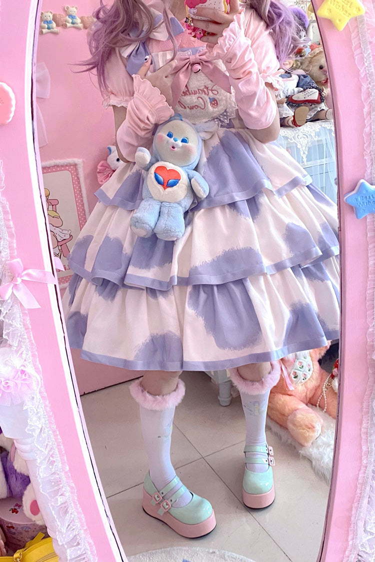 Blue Sleeveless Triple-Layered Cow Print Ruffle Bowknot Sweet (Dress Only) detail view 13
