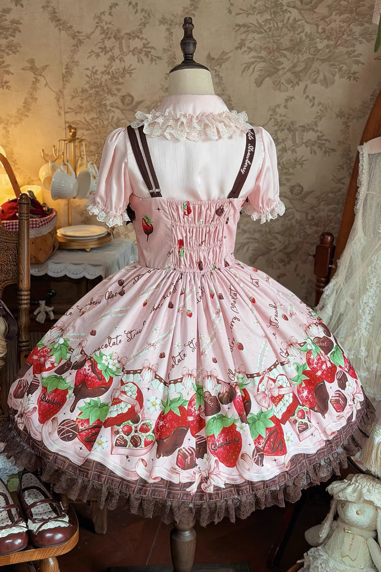Pink [Strawberry Chocolate Lover] Sleeveless Printed Ruffled Embroidered Bow Lace Sweet Lolita Jsk Dress - Product - 7