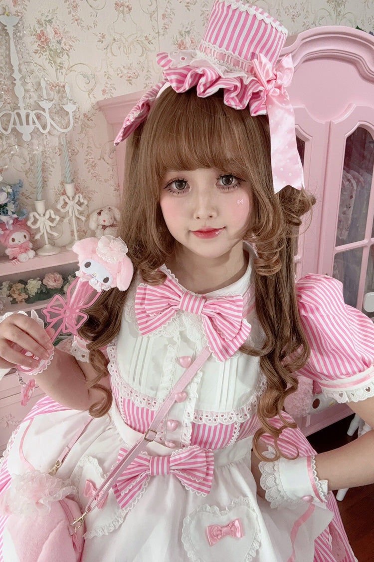 [A Day as a Candy Shop Owner] Peter Pan Collar Short Sleeves Printed Bow Sweet Lolita Dress 3 Colors (Red, Blue, Pink) - Product - 25